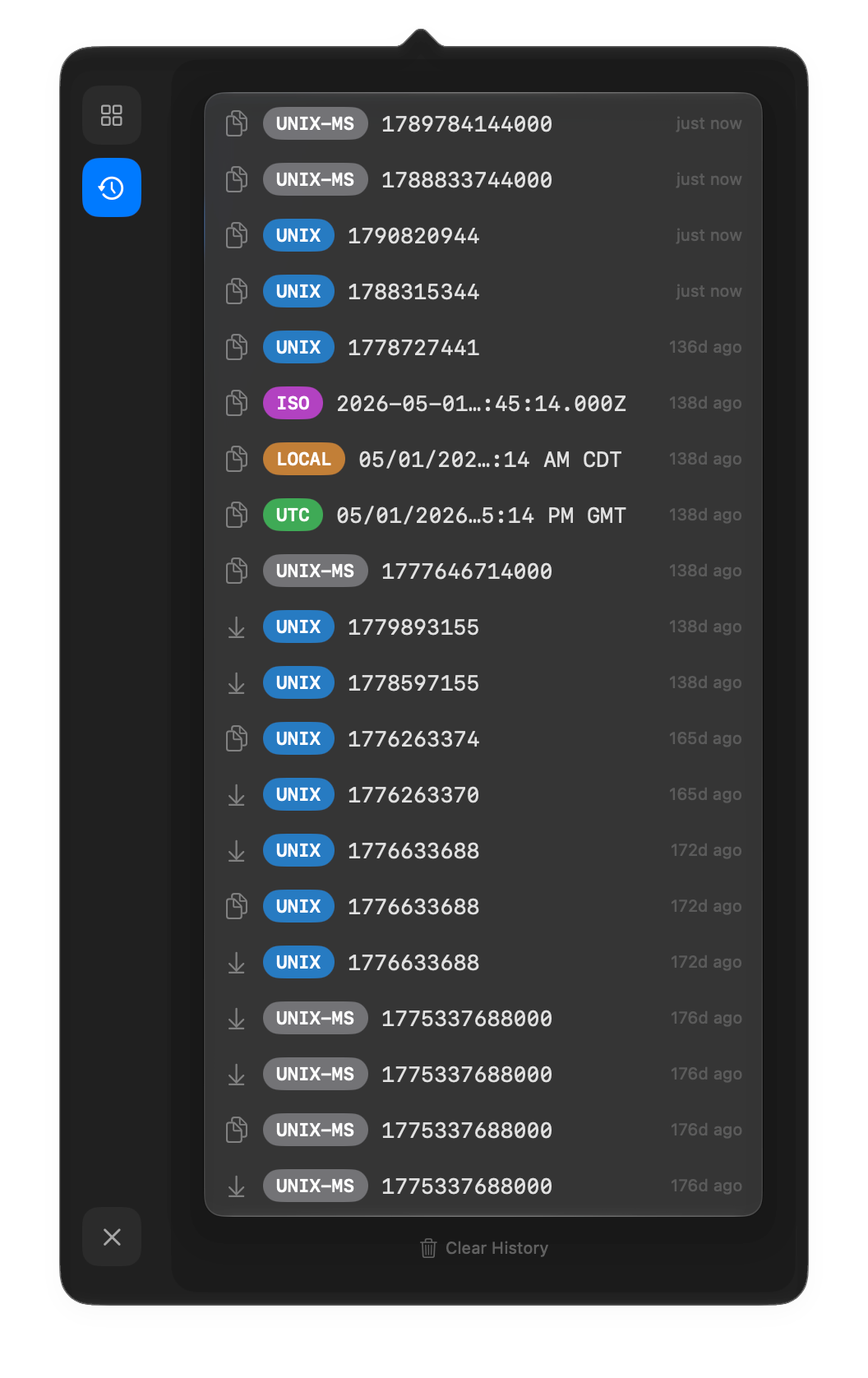Epocher's history view listing copied and pasted values, each tagged UNIX, UNIX-MS, ISO, LOCAL or UTC with how long ago it was used, and a Clear History button.